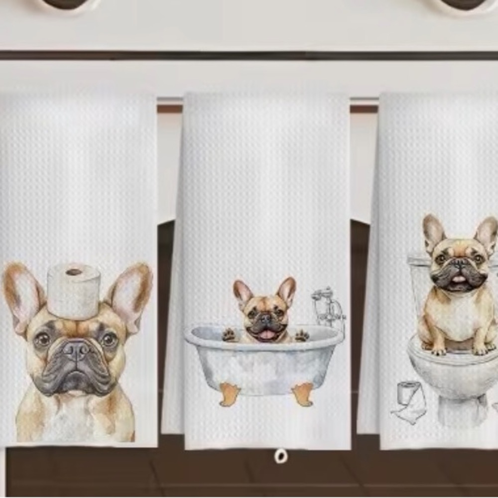 3-Pack modern French Bulldog bathroom tea Towels, 18x26  Super Soft hand Towels